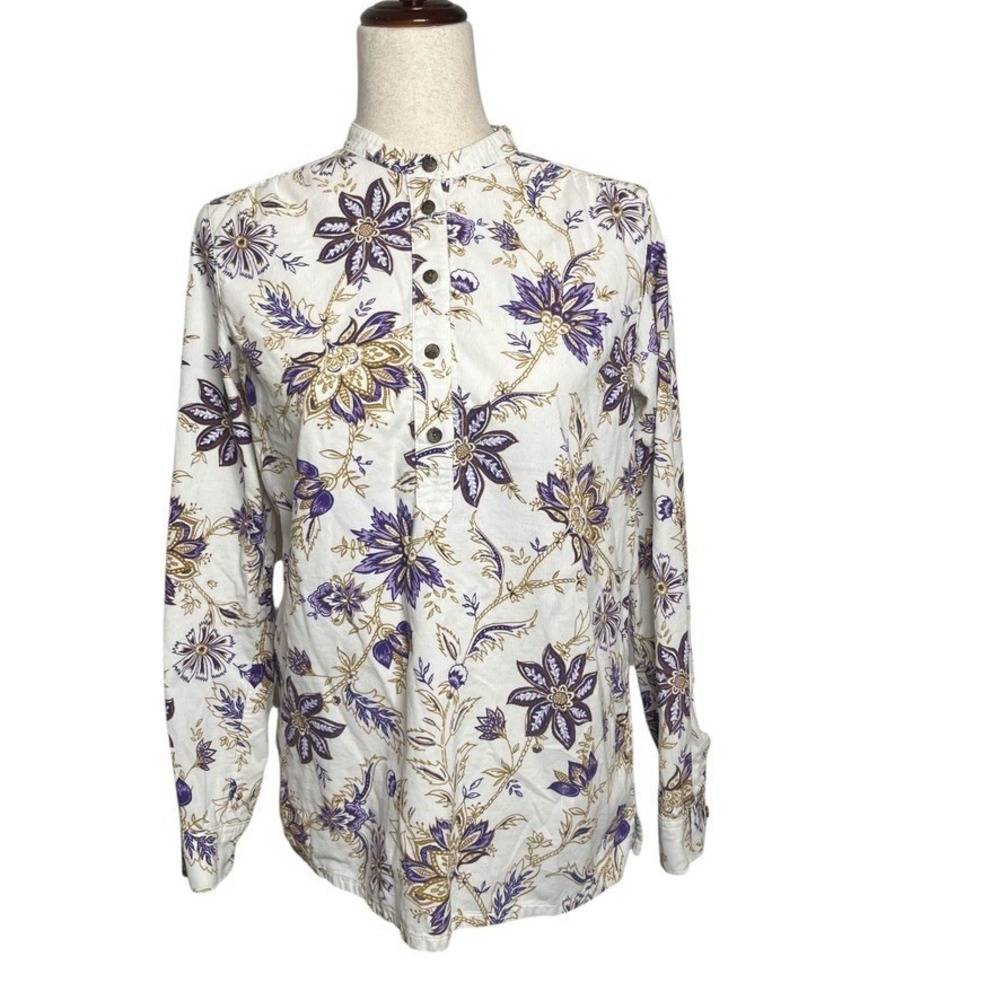 Lands End Womens Size 4 Floral Corduroy Henley Shirt Cotton Office Cottagecore